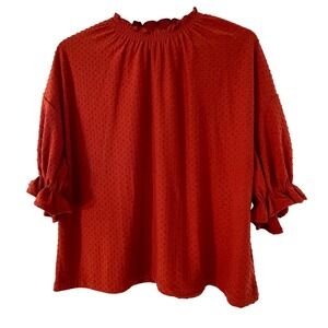 Madewell Rust Orange Textured Dot Mock Neck Ruffle Short Sleeve Blouse M NWT